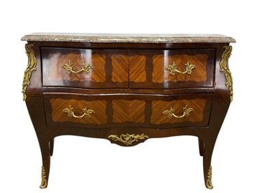 19th C. French Louis XV Style Marble Top Marquetry Bombe Commode