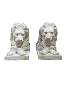 Pair of Large Recumbent Limestone Lion Statues