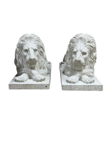 Pair of Large Recumbent Limestone Lion Statues
