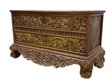 19th C. Asian Carved Wood Polychrome Trunk