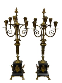 Pair of 19th C. French Bronze & Marble Candelabras