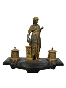 19th C. French Bronze Figural Maiden Inkwell w/ Marble Base