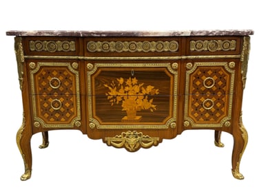 Magnificent French Louis XVI Style Marquetry Marble Top Commode