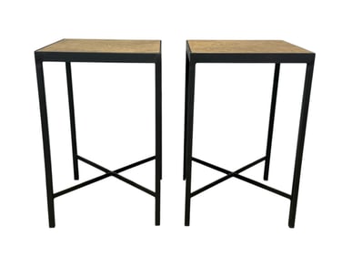 Pair of MCM Iron & Burl Wood Side Tables