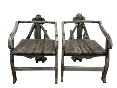 Pair of Antique African Tribal Figural Carved Arm Chairs