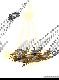 19th C. French Empire Gilt Bronze Chandelier: 19th C. French Empire Gilt Bronze Chandelier. Measures 31" H x 25.5" W x 25.5" D.