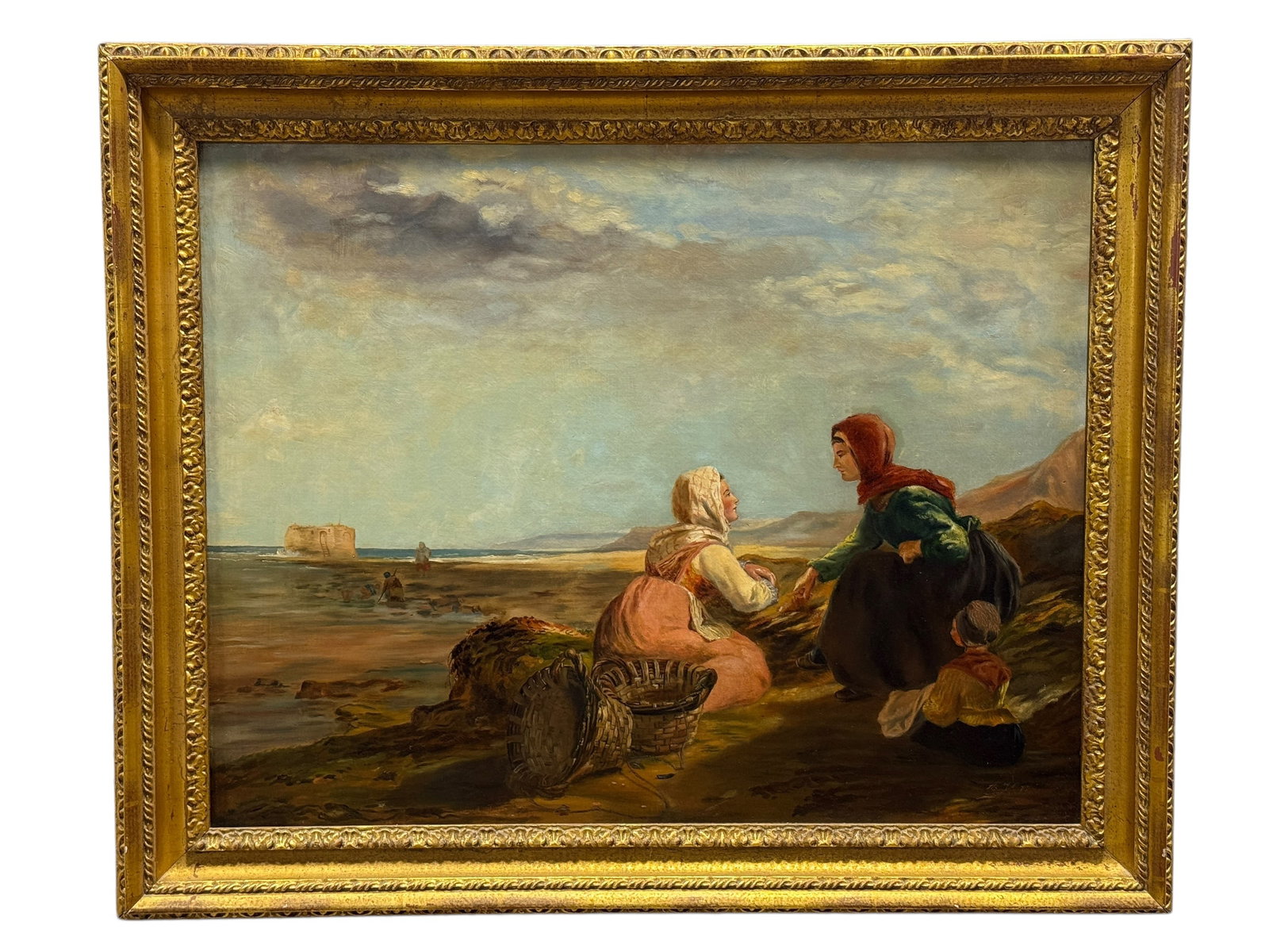 Signed 19th C. Oil on Canvas Women & Child on Sea Shore Painting (1 of 8)