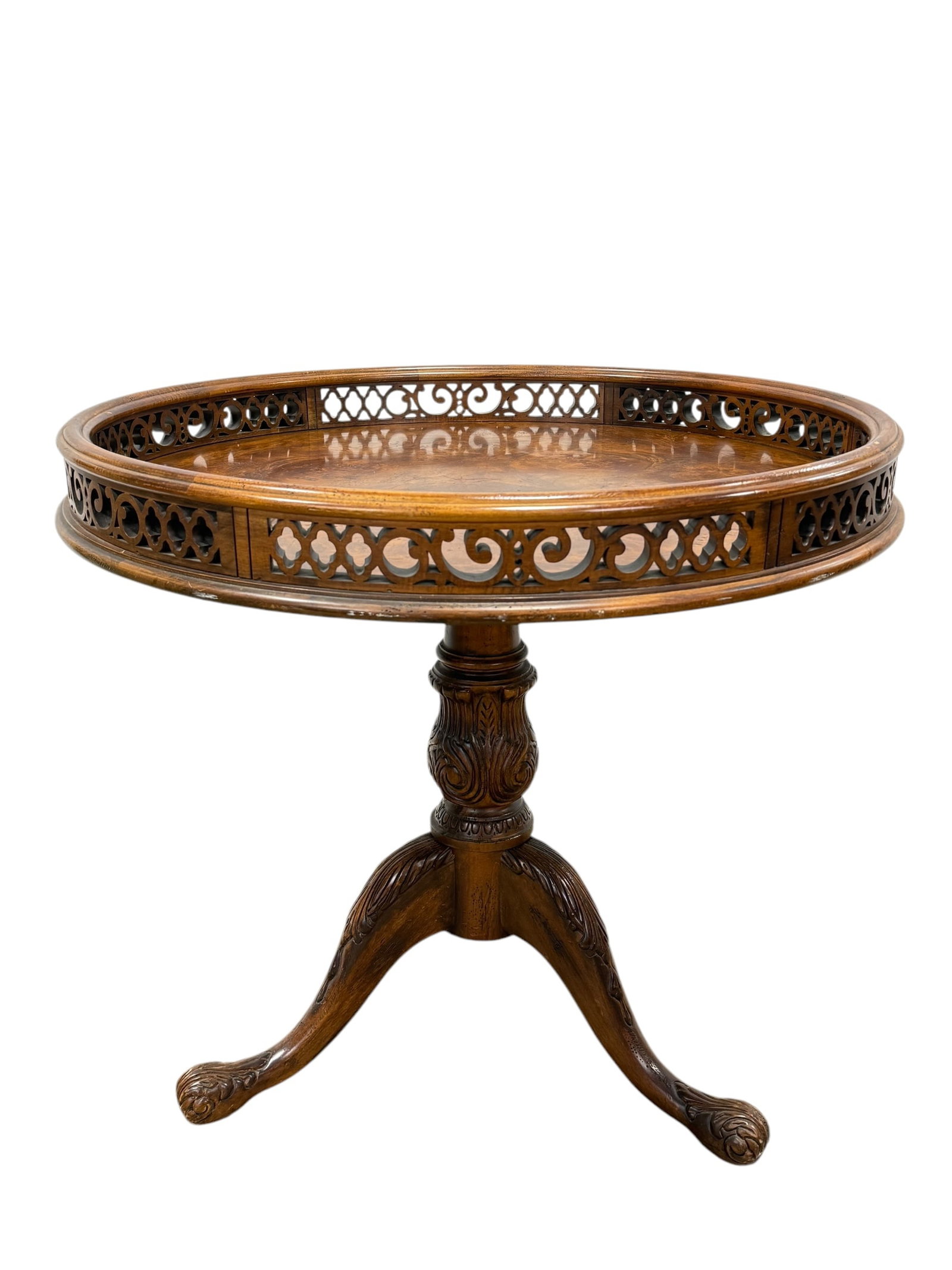 Chippendale Style Burlwood Venner Tea Table: Chippendale Style Burlwood Venner Tea Table. Very well carved gallery and legs. Measures 29.5" H x 31.75" Diameter.