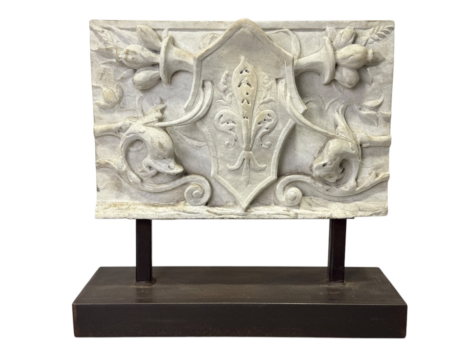 Early 19th C. Carved Italian Marble Grand Tour Fragment: Early 19th C. Carved Italian Marble Grand Tour Fragment Mounted on Steel Base. Measures 14.5" H x 15.25" x 5" D.