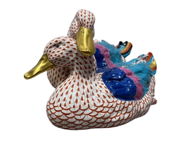 Large Herend Painted Fishnet Porcelain Ducks 5035