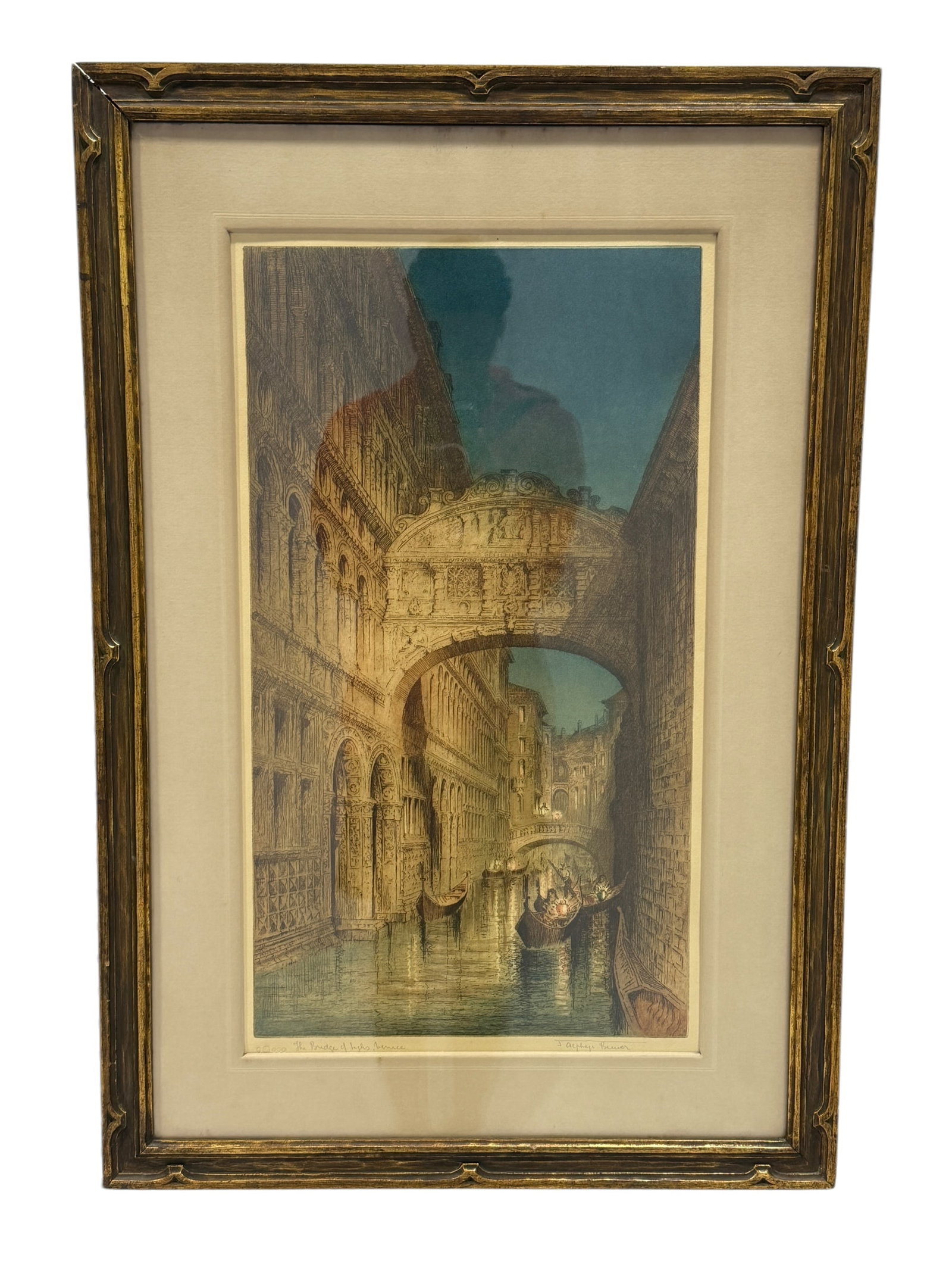 Signed J Alphege Bauver Lithograph in Newcomb Macklin Frame: Signed J Alphege Bauver Lithograph in Newcomb Macklin Frame. 1920s Newcomb Macklin frame and measures 32.75" x 22.25". J Alphege Bauver Lithograph presenting The Bridge of Sighs, Venice. Pencil signed