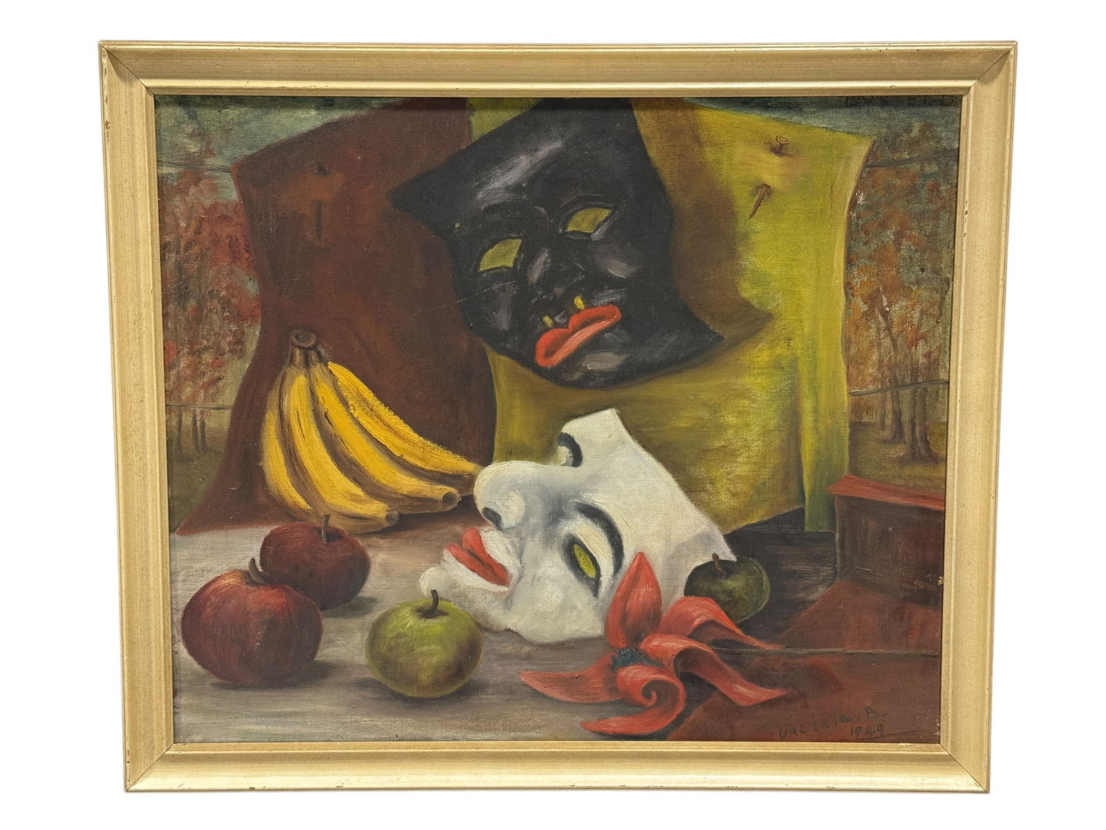 Signed Valeria B. 1949 Oil on Canvas "Still Life w/ Mask" Painting: Signed Valeria B. 1949 Oil on Canvas "Still Life w/ Mask" Painting. Depicts fruits, 2 masks and drapery. The background features windows with drapery and outdoor scenes. Painting measures 23.5" x 19.5