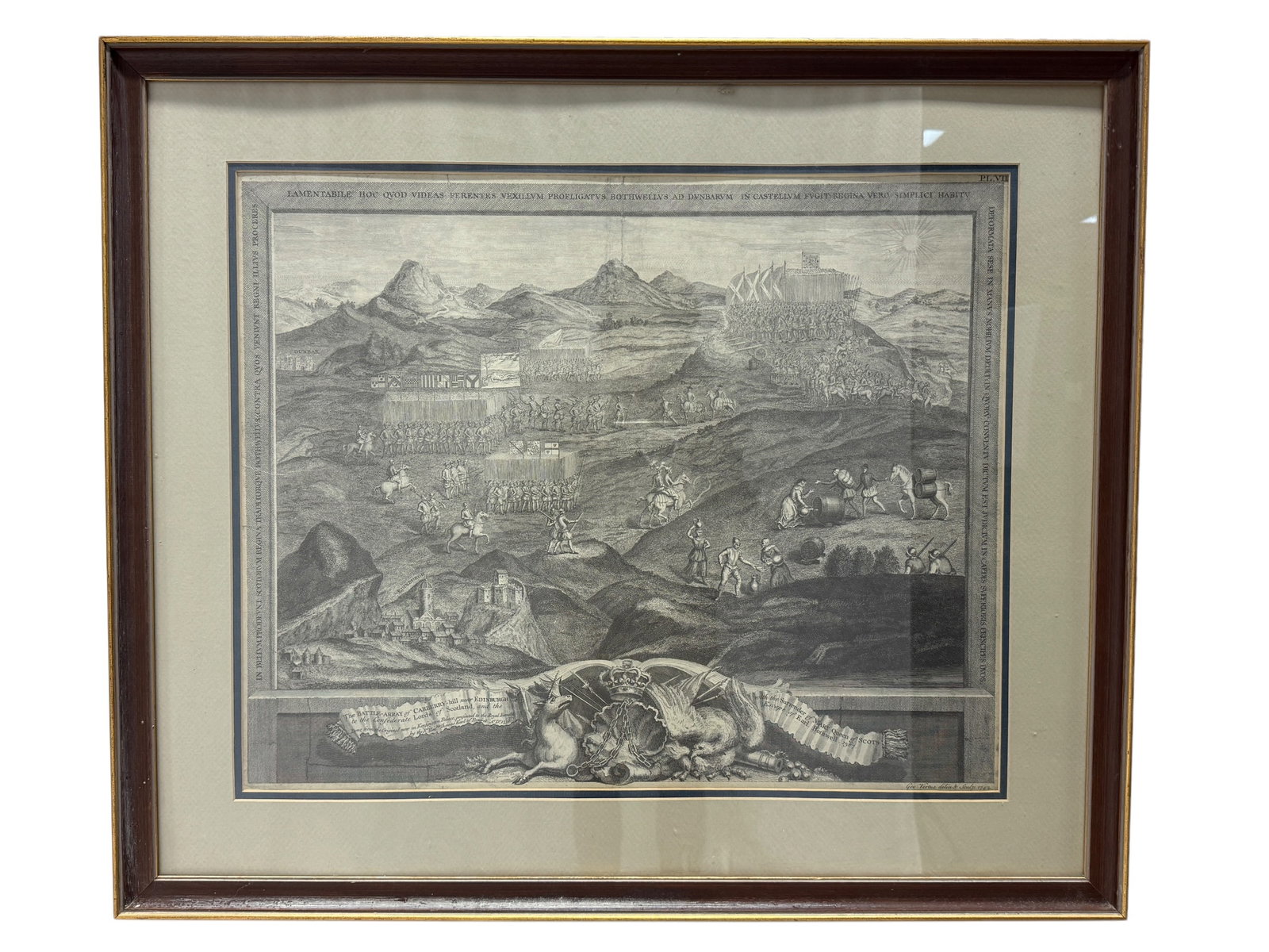 Framed "Battle of Cranberry Hill in 1567" Print: Framed "Battle of Cranberry Hill in 1567" Print. Showing the surrender of Mary, Queen of Scots, to the Confederate Lords of Scotland and the edcape of the Earl of Bothwell. Battle occurred on June 15t