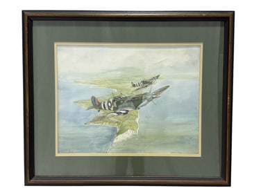 Signed E Jones "2 Spitfire MK IX Aircrafts" Watercolor Painting