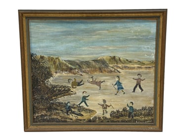 Signed Sara K Hooper Folk Art "Ice Skating" Oil on Board Painting
