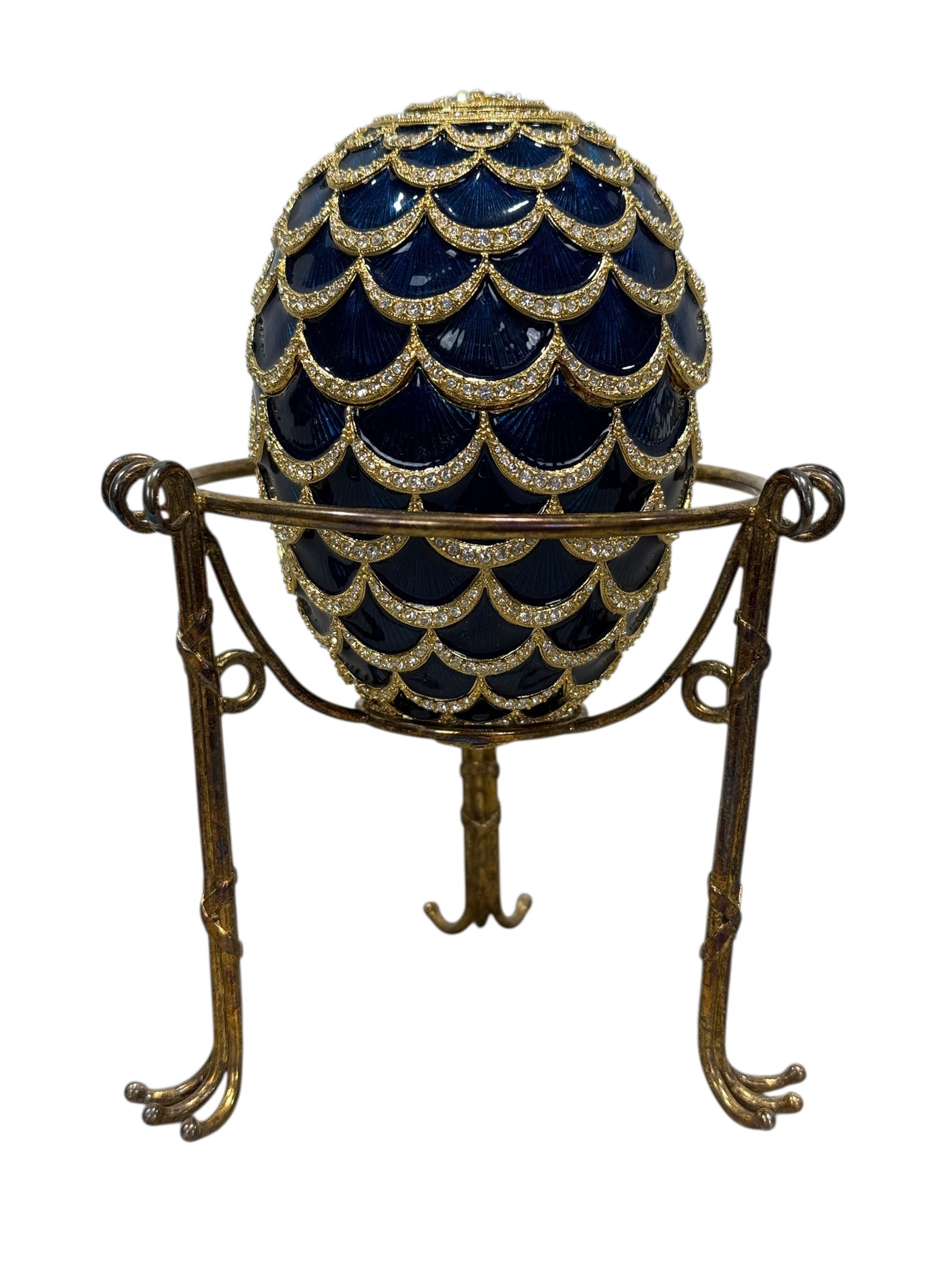 Signed Faberge 'Imperial Pine Cone' Guilloche Egg: Signed Faberge 'Imperial Pine Cone' Guilloche Egg. Faberge Imperial Pine Cone Egg Shape Box in Blue Guilloche Enamel and Semiprecious Stones Presented on Stand. Egg has Feberge mark on the side when o