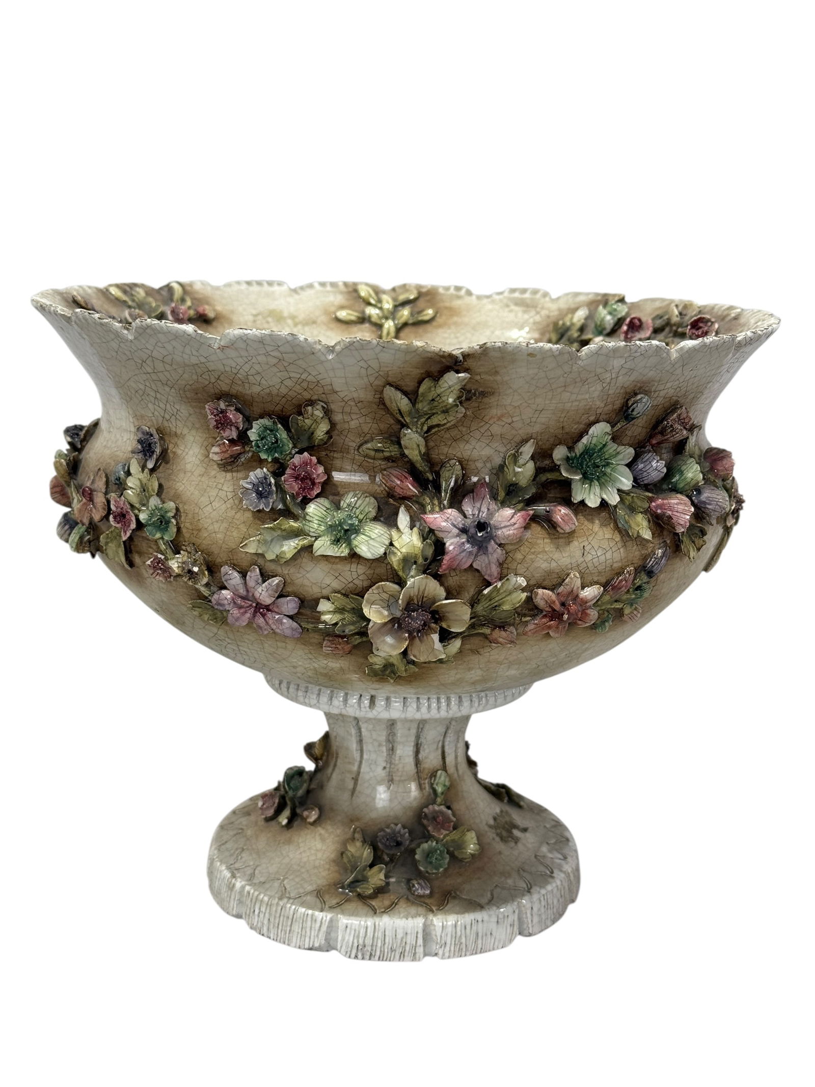 Antique F.lli Mollica & Co. Capodimonte Porcellana Compote: Antique F.lli Mollica & Co. Capodimonte Porcellana Compote. Floral Design. Measures 8" H x 9.5" Diameter.