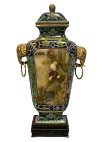 19th C. Chinese Jade Inlaid Cloisonne Lidded Vase w/ Wood Base