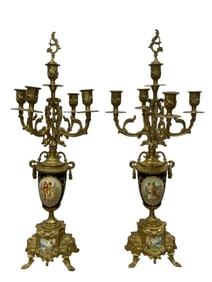 Pair of Italian Bravettato Brass & Porcelain Candelabras