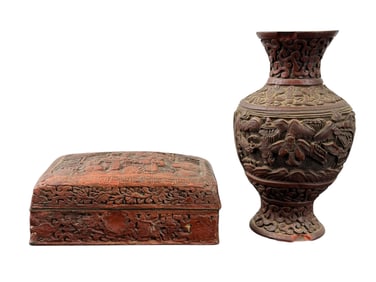 Antique Chinese Lacquered Cinnabar Box & Vase