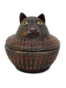 Early 20th C. Handicrafts Cat Lidded Basket