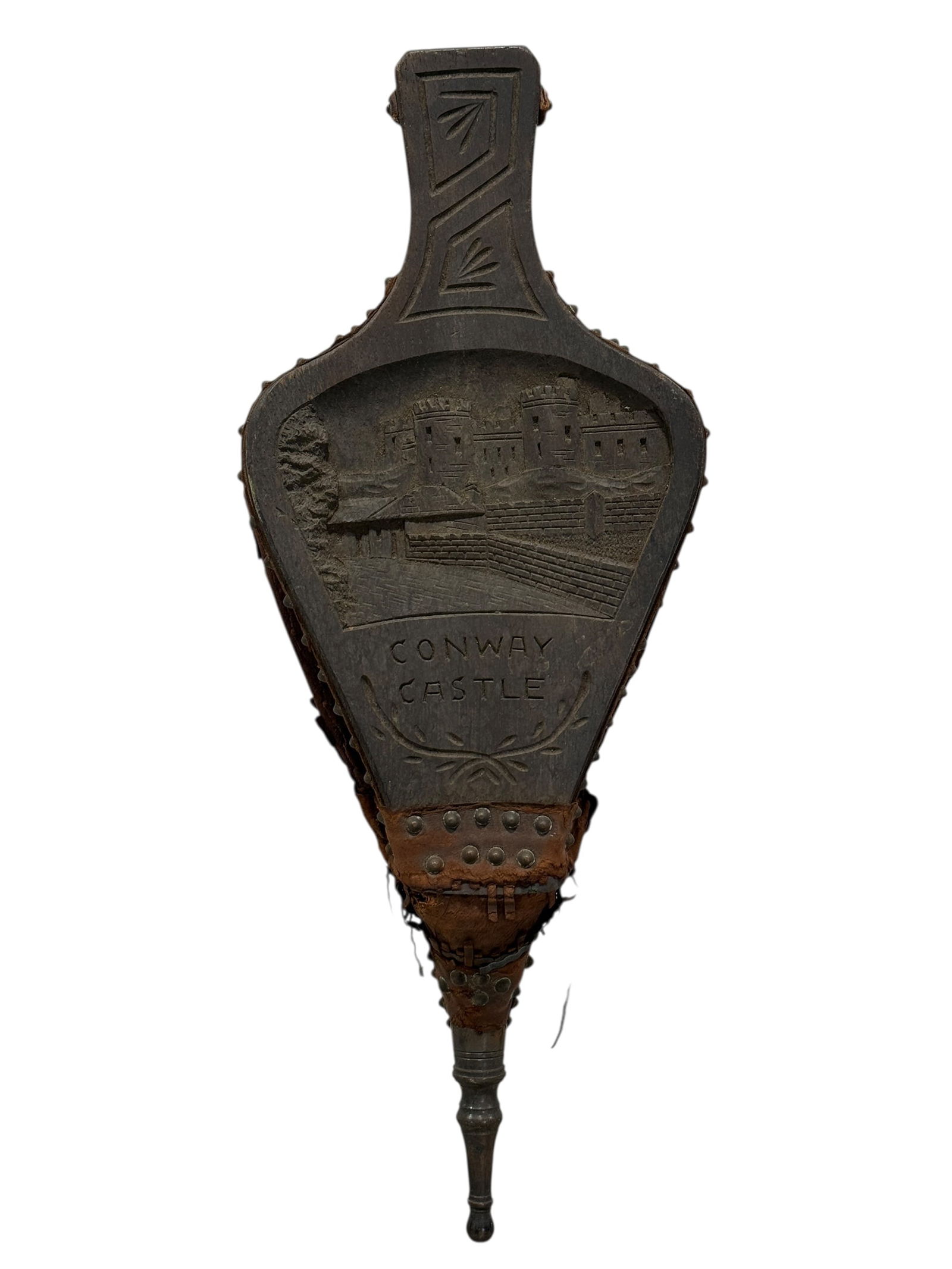 19th C. R. Alister & Co. Carved Wood & Leather Bellow: 19th C. R. Alister & Co. Carved Wood & Leather Bellow. Has R. Alister & Co. Ltd. Dursley, England Label. Conway Castle carved in wood on front. Measures 16.5" L x 6.5" W.