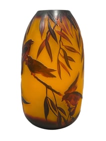 Signed Emile Galle Art Nouveau Floral & Bird Cameo Vase