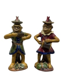 Pair of Chinese Shiwan "Mudman" Musical Monkeys