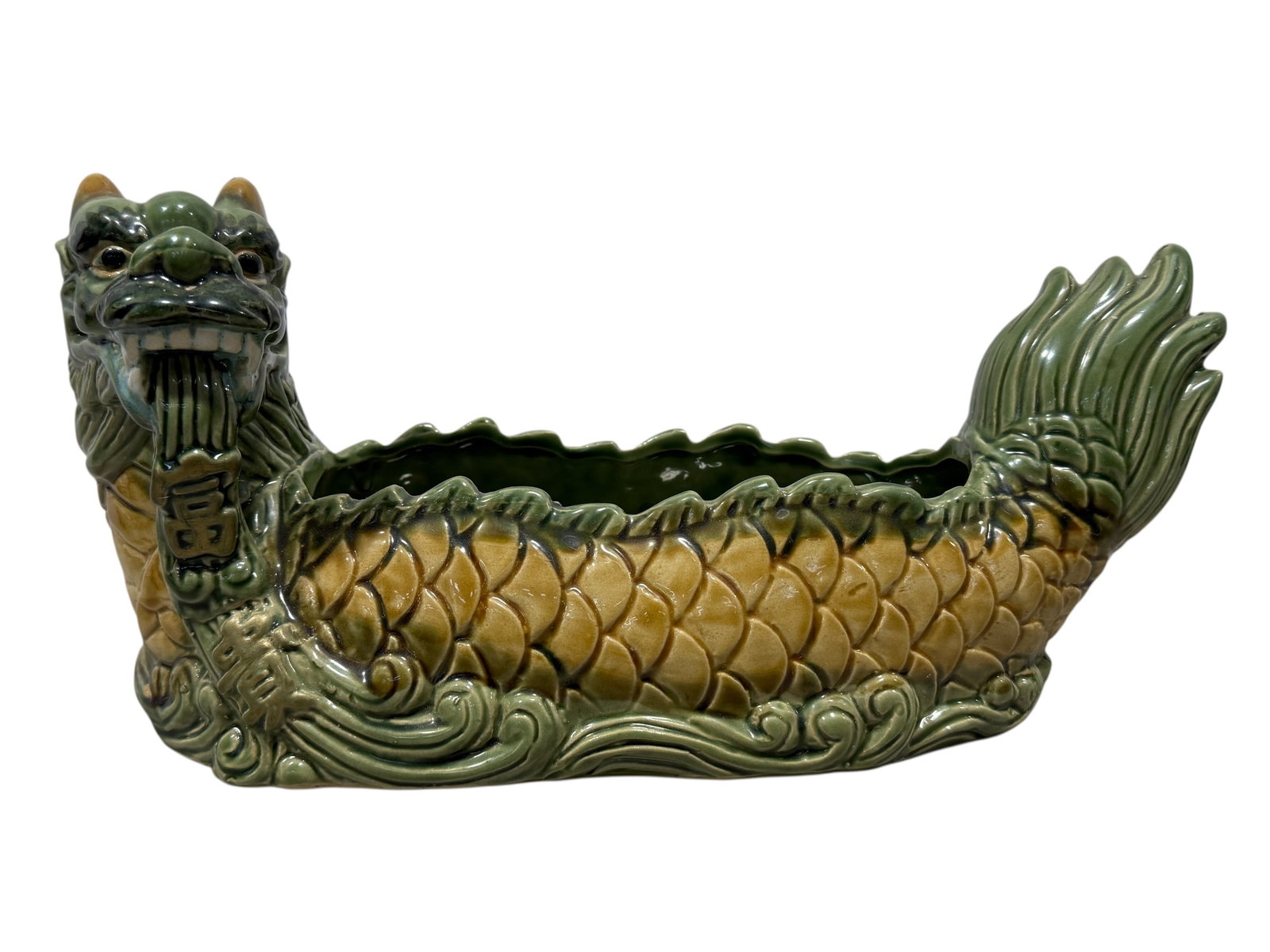 Ceramic Chinese Dragon Majolica Style Planter: Ceramic Chinese Dragon Majolica Style Planter. Measures 6.5" H x 14" W x 5.25" D.