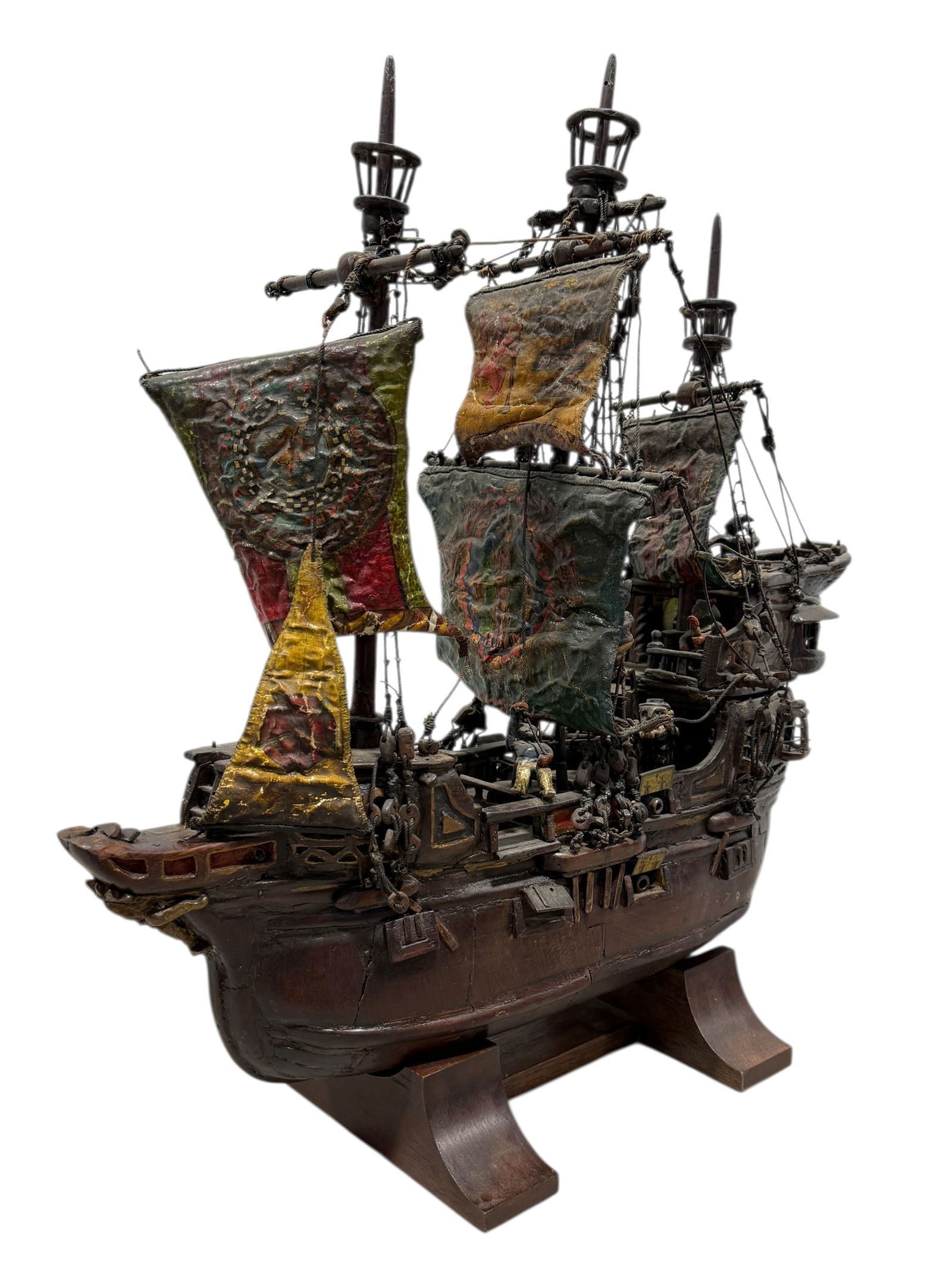 Antique Wood Pirate Ship Model on Stand: Antique Wood Pirate Ship Model on Stand. Measures 22.75" H x 22" W x 8" D.