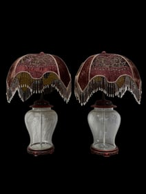 Pair of Crystal Lamps w/ Beaded & Silk Shades