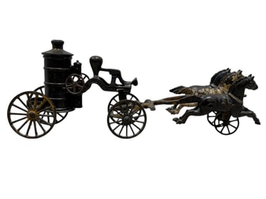 Late 19th C. Cast Iron 3 Horse Fire Water Pumper Wagon