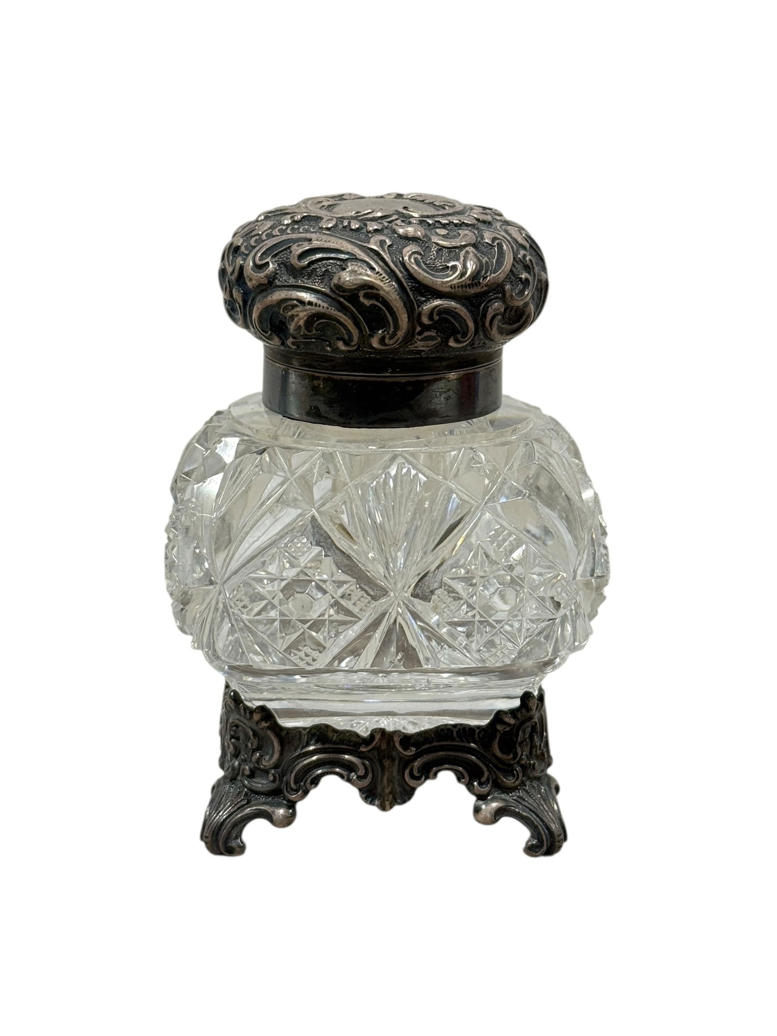 Sterling & Cut Crystal Glass Inkwell: Sterling & Cut Crystal Glass Inkwell. Marked sterling on the underside. Measures 3.5" H x 2.5" W x 2.5" D.