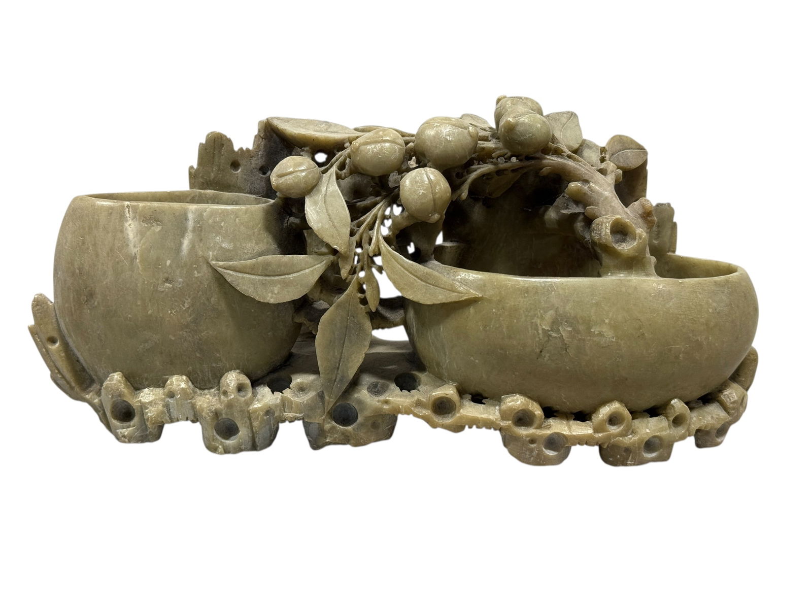 Vintage Chinese Carved Soapstone Brush Pot: Vintage Chinese Carved Soapstone Brush Pot. Traditionally used by scribes for holding calligraphy brushes. Measures 4.75" H x 10" W x 3" D.