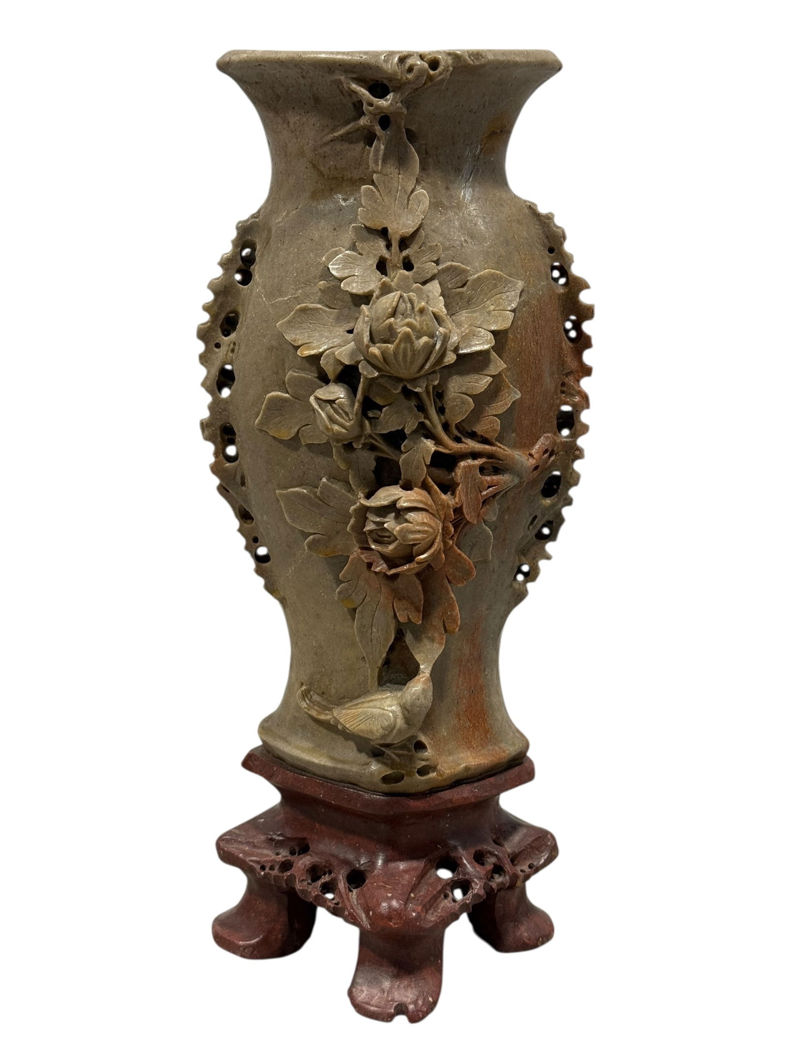 Late 19th C. Chinese Carved Soapstone Vase: Late 19th C. Chinese Carved Soapstone Vase. Floral motif designs. Measures 11.75" H x 4.75" W x 3.5" D.