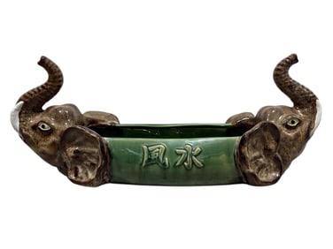 Vintage Chinese Double Elephant Head Majolica Jardiniere