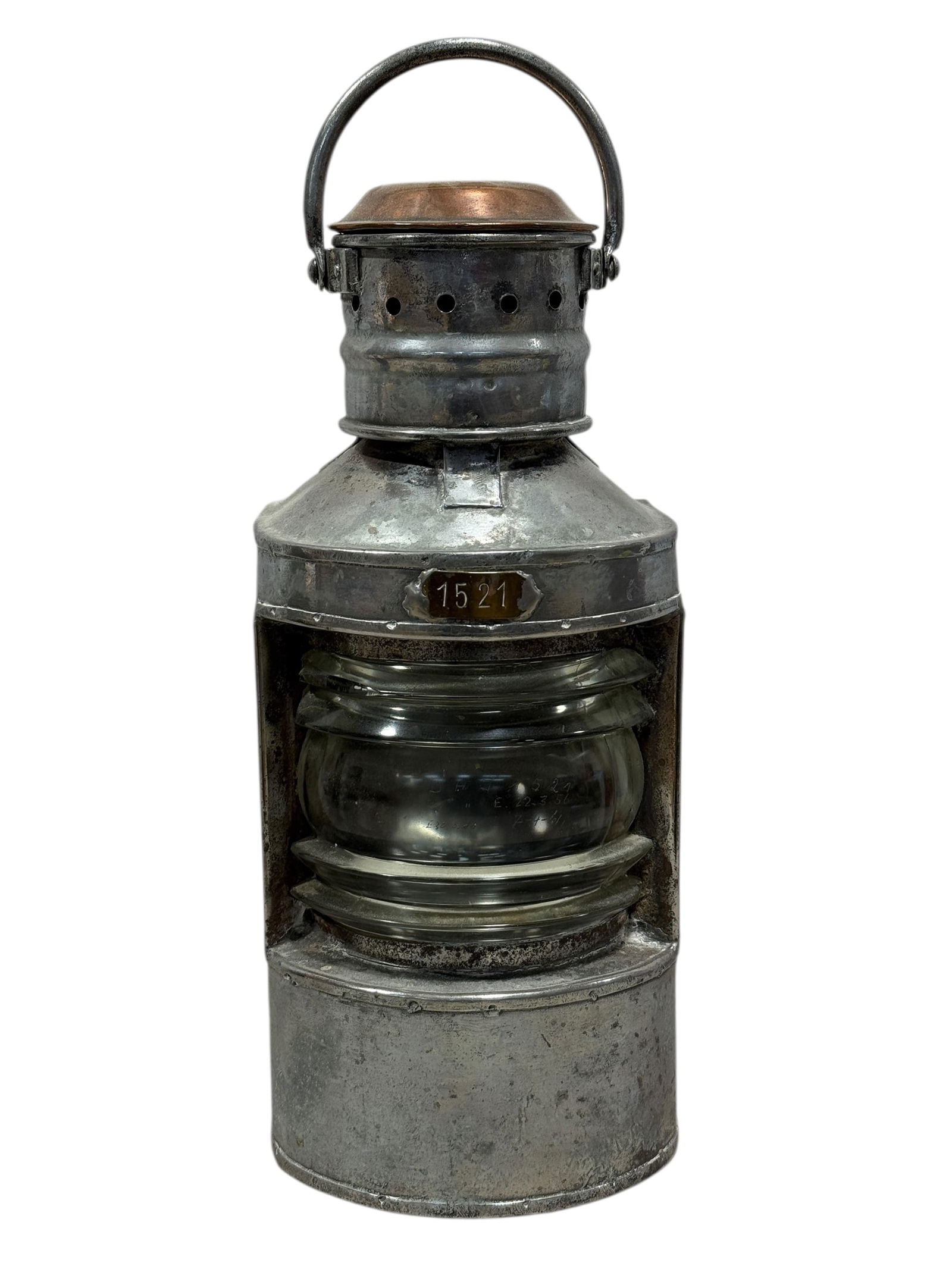 Antique Downships Ships Lantern: Antique Downships Ships Lantern. Copper 1521 label. Glass is marked D H O 1521, E. 22-3-56 & L 7-4-61. Measures 17.25" H x 6.5" W x 6.75" D.