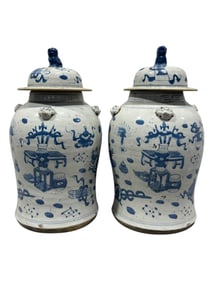 Pair of 19th C. Chinese Blue & White Covered Ginger Jars