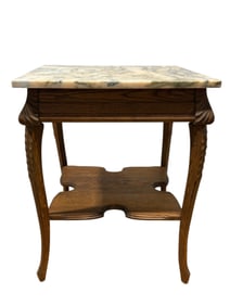 Antique 2 Tier Oak Marble Top Carved Table