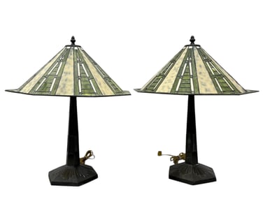 Pair of Bronze Tiffany Style Stained Glass Lamp