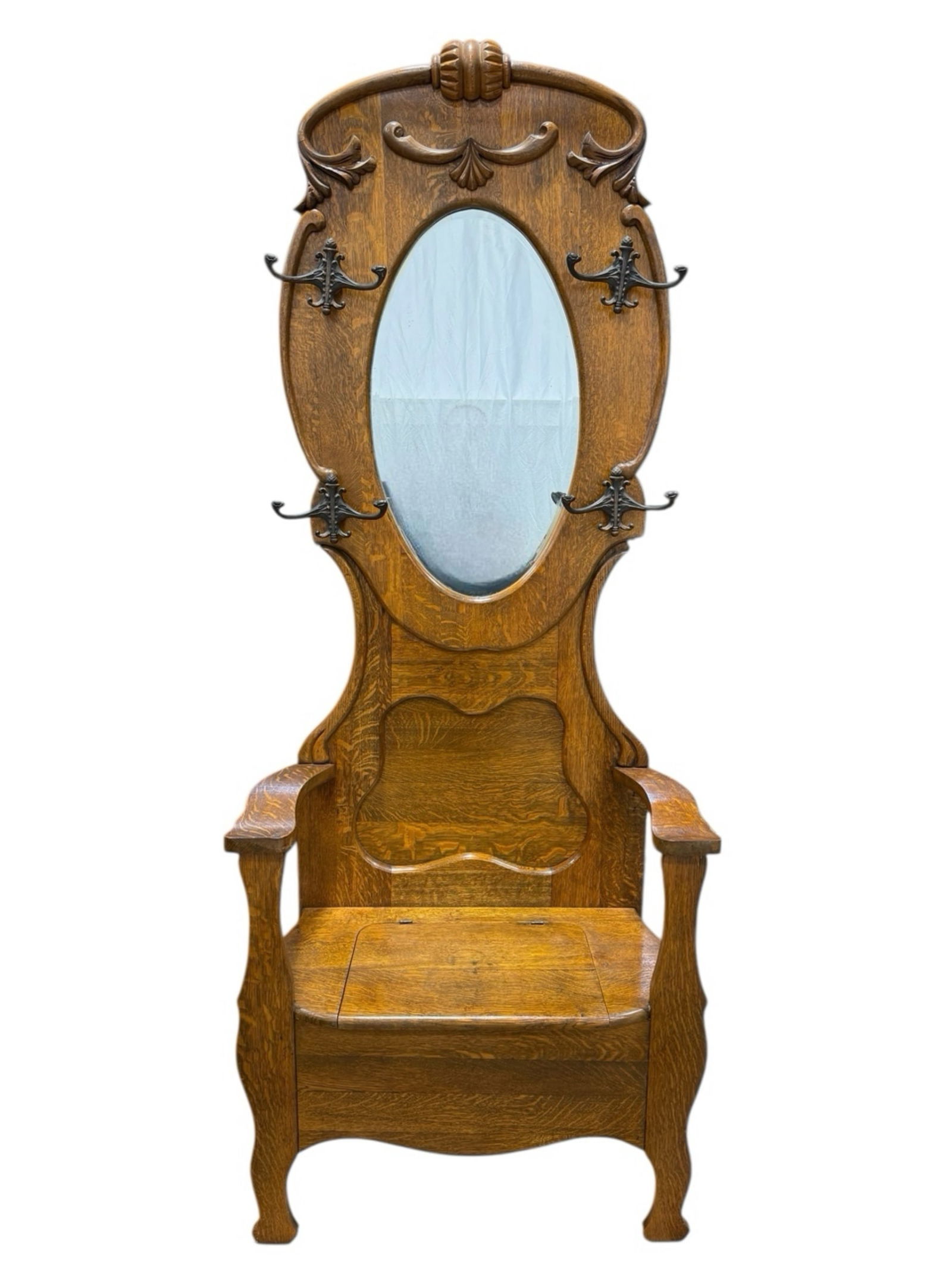 Antique Tiger Oak Hall Seat w/ Mirror Back: Antique Tiger Oak Hall Seat w/ Mirror Back. Measures 81" H x 31.5" W x 15.75" D.