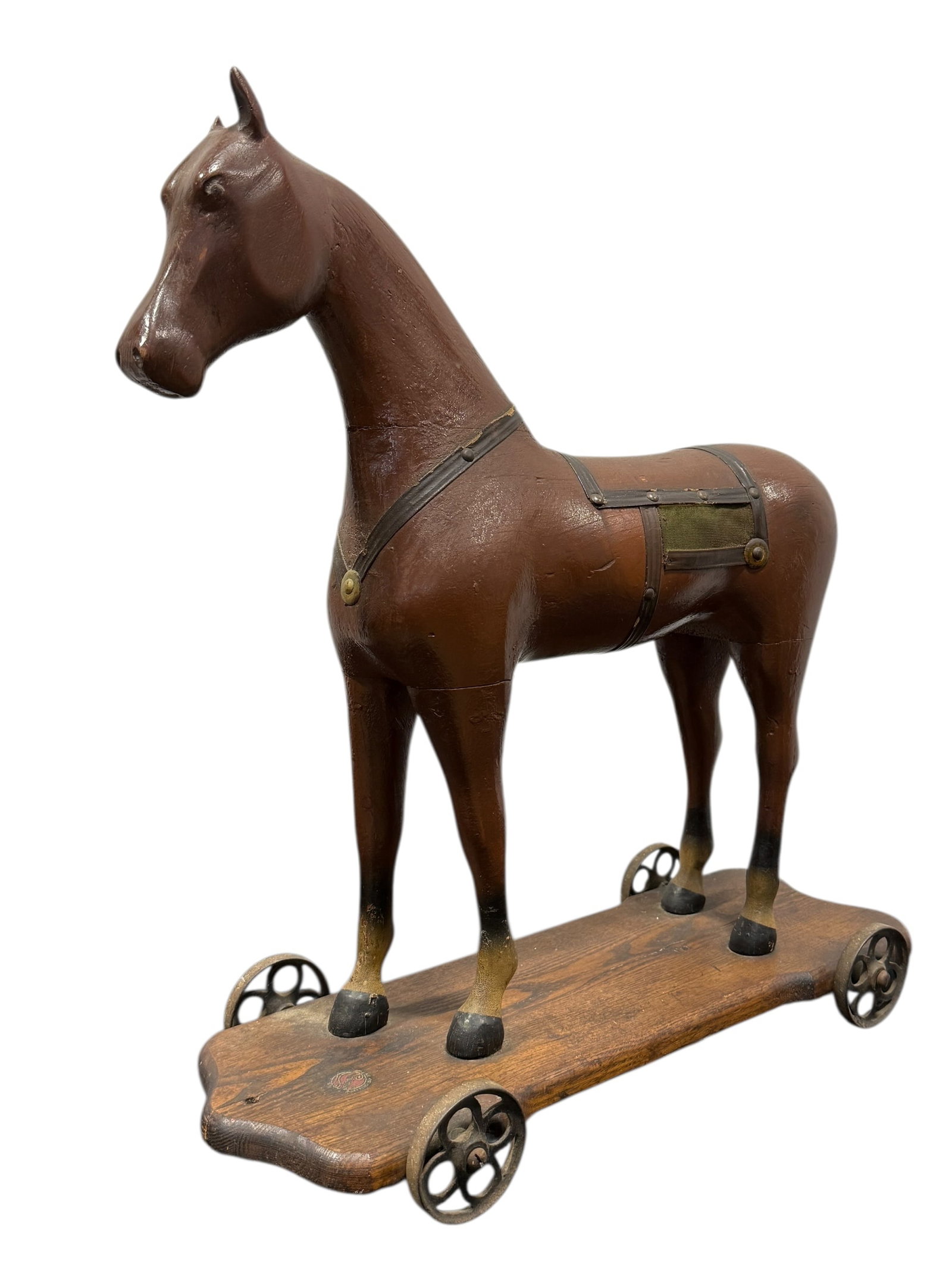Late 19th C. Morton Converse Horse Pull Toy: Late 19th C. Morton Converse Horse Pull Toy. Morton Converse label on top of base and sotheby sticker on the underside. Measures 22.5" H x 21" W x 8.25" D.