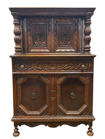 1940s Oak Jacobean Style Carved Wood Cabinet