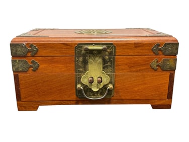 Chinese Wood & Brass Jewelry Box w/ Lock & Key