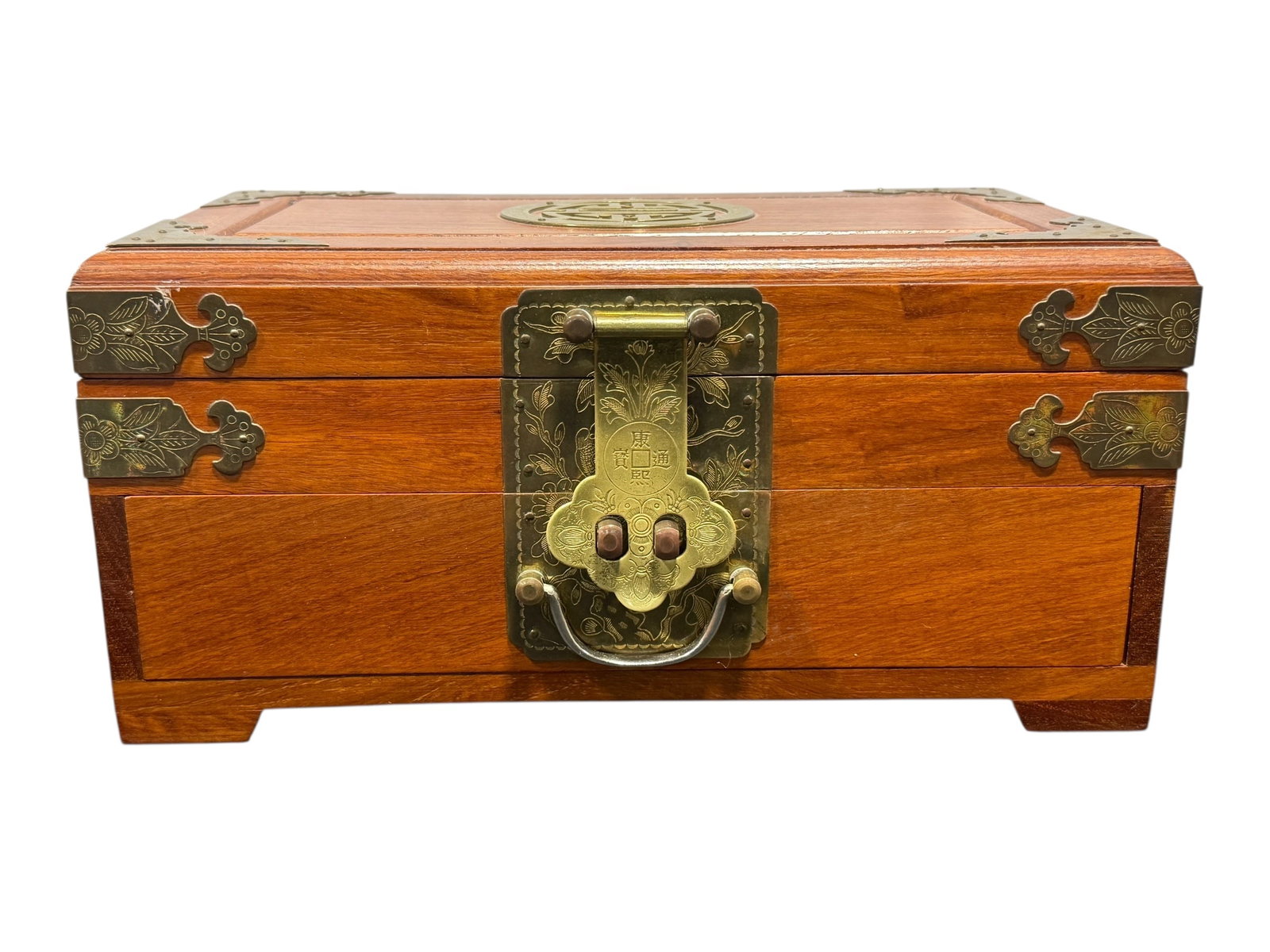 Chinese Wood & Brass Jewelry Box w/ Lock & Key: Chinese Wood & Brass Jewelry Box w/ Lock & Key. Measures 5.75" H x 12" W x 7" D.
