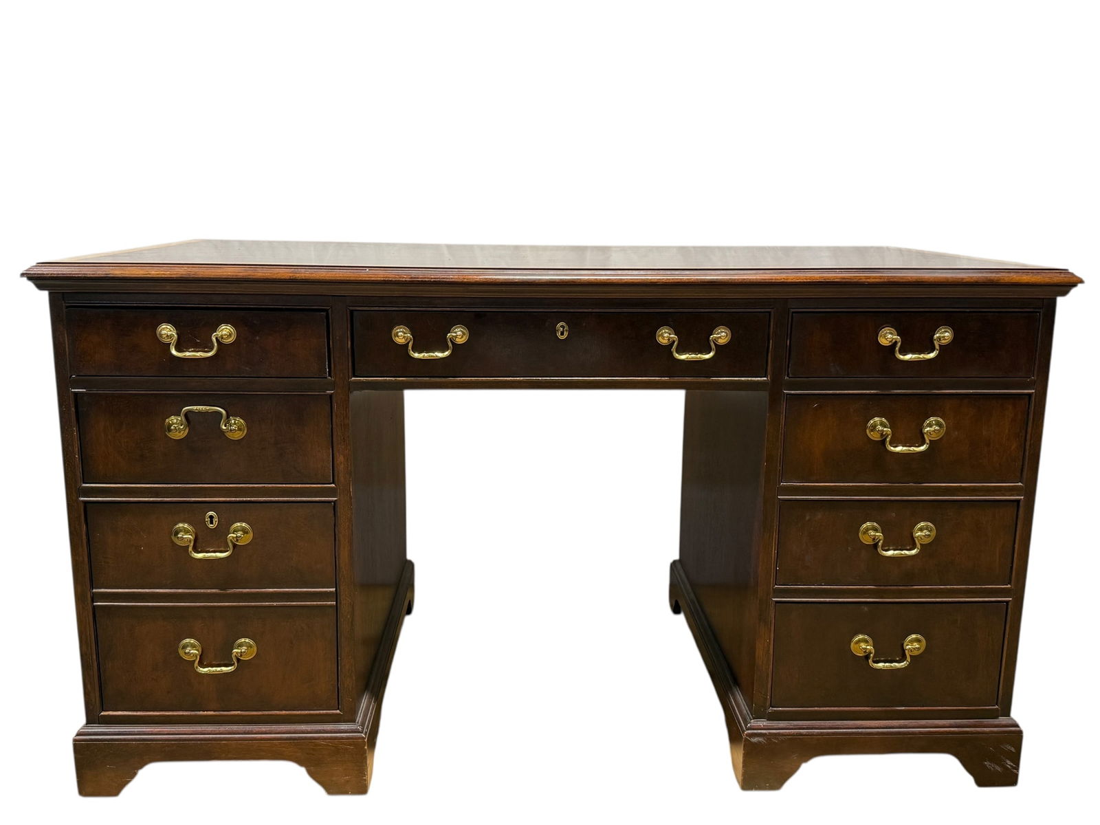 Thomasville Mahogany Collection Kneehole Desk: Thomasville Mahogany Collection Kneehole Desk w/ Band Inlay. Label inside top left drawer. Measures 30" H x 54.5" W x 28.5" D.