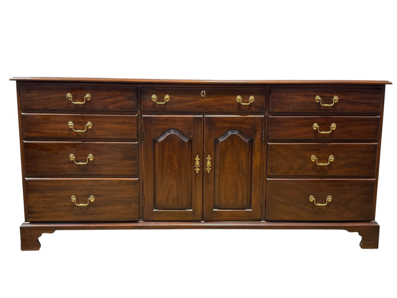 Henkel-Harris Mahogany Dresser: Henkel-Harris Mahogany Dresser. Label and brand label inside top left drawer. Measures 33.5" H x 72" W x 20.5" D.