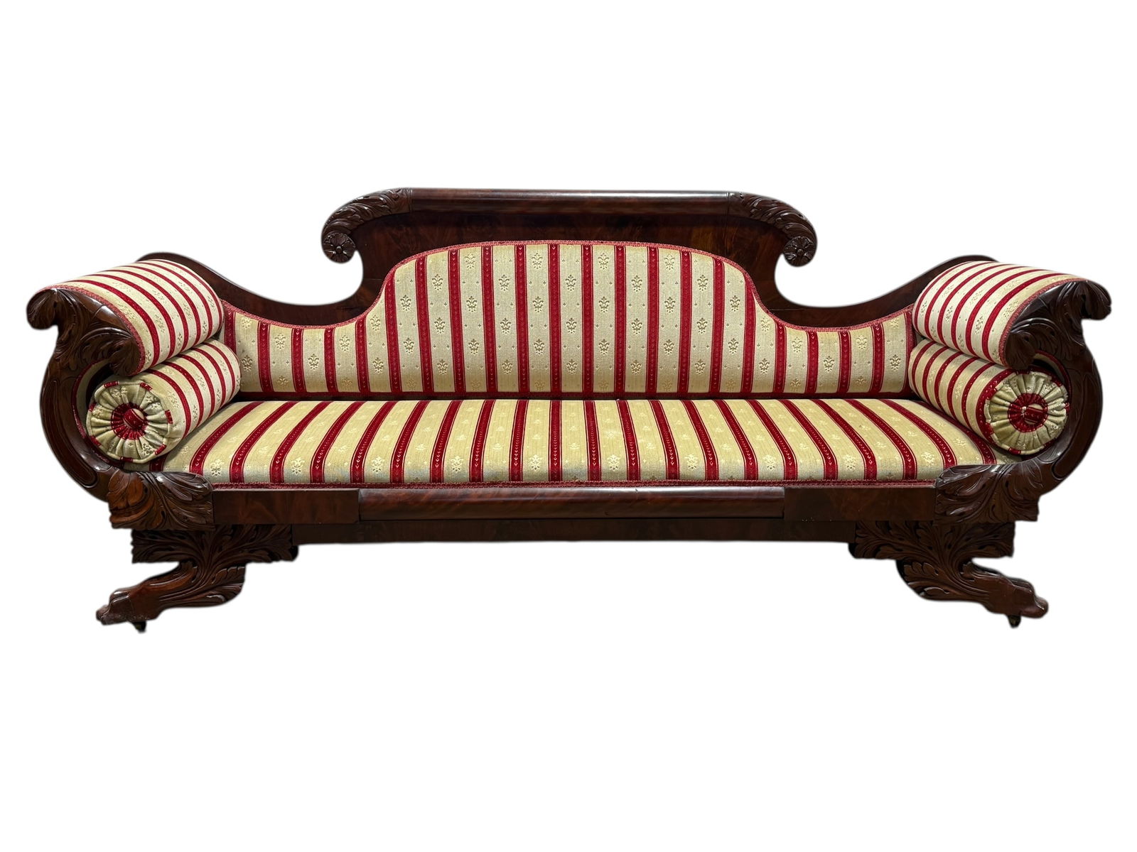 Antique American Empire Style Mahogany Clawfoot Sofa: Antique American Empire Style Mahogany Clawfoot Sofa. Very well carved arm rest and claw feet. Measures 36.25" H x 85" W x 22" D. Seat height measures 16" H.