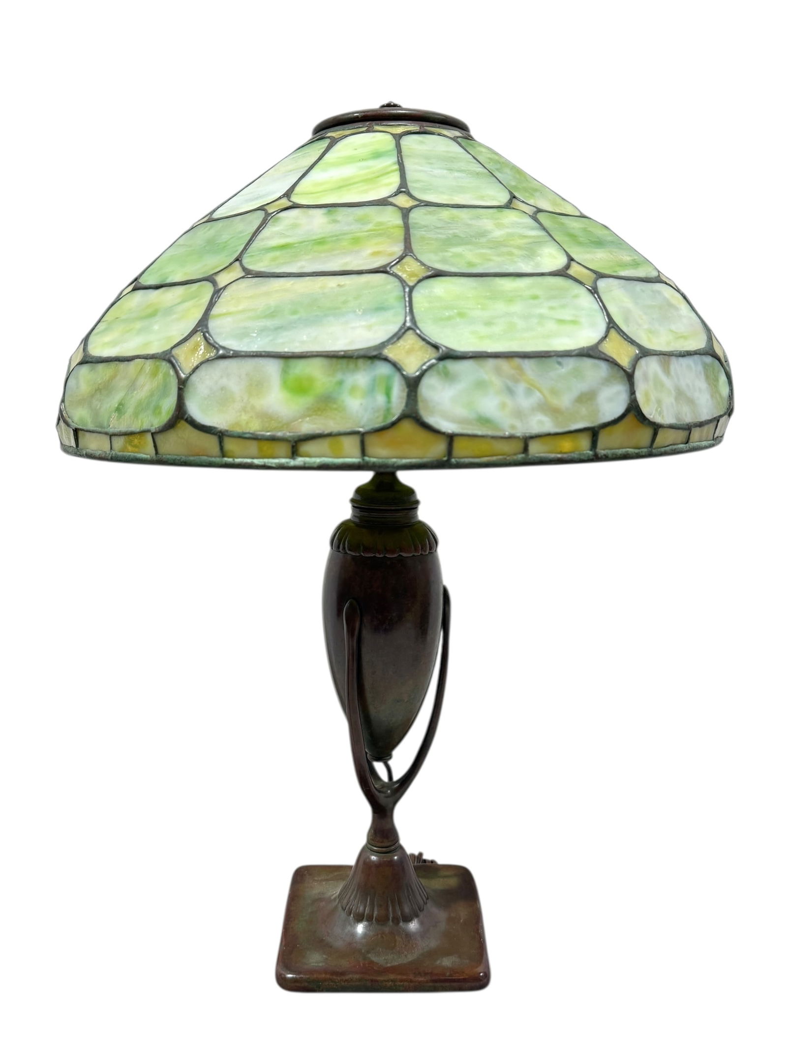 Cir 1900 Bronze Tiffany Studios Colonial Geometric Table Lamp: Cir 1900 Bronze Tiffany Studios Colonial Geometric Table Lamp. Shade marked Tiffany Studios New York 1594. Bronze Narrow Urn-form "Greek" Base marked Tiffany Studios New York 444 on the underside.Over