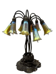 Cir 1910 Tiffany Studios Bronze & Favrile 10 Light Lily Lamp